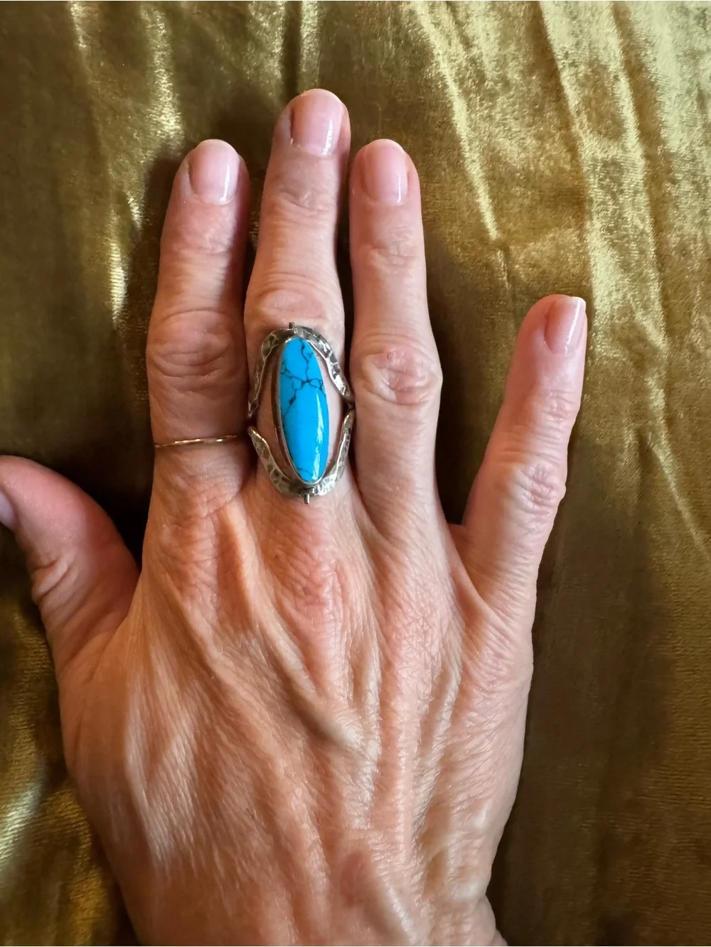 Turquoise & Amber Stone Silver Ring - Bright Blue Oval Statement